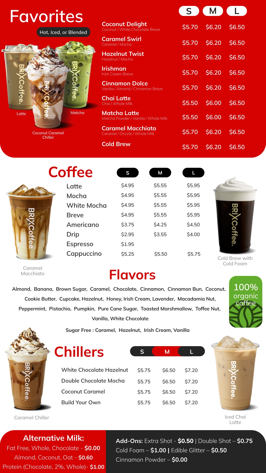 Menu display for a coffee shop featuring drinks under categories 'Favorites', 'Coffee', 'Flavors', and 'Chillers' along with pricing for small, medium, and large sizes.